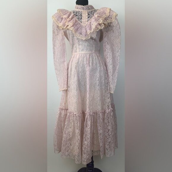 Vtg CANDI JONES Victorian Insp. Pink Lace Dress Ruffled Collar Long Sleeve Sz 5 - Picture 1 of 14